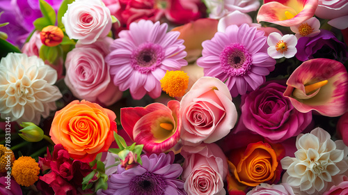 Close up  many flowers  many colors and various types wall background for wedding decoration and presentation.