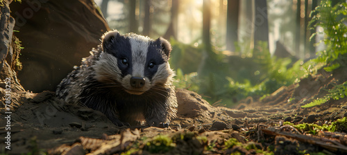 A European badger emerging from its burrow at dusk, shot with low-light photography to capture the texture of its fur and the twilight environment