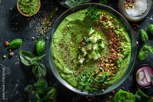 Healthy Green Gazpacho Bowl Topped with Seeds and Vegetables