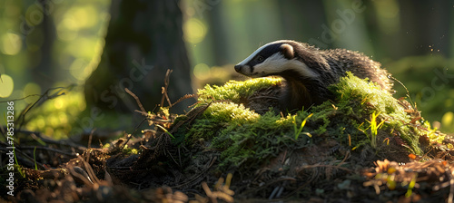 A European badger emerging from its burrow at dusk, shot with low-light photography to capture the texture of its fur and the twilight environment