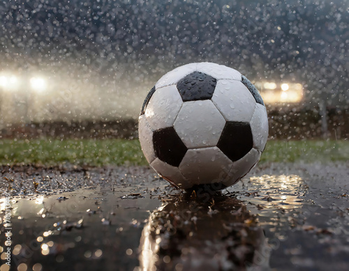 Soccer ball on a wet puddle with water drops in the background © Arda ALTAY