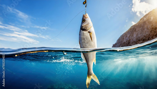 Mullet fish caught half-sea on the tip of a fishing rod in the Aegean Sea photo