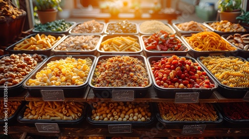   A store display brimming with various pasta types in trays, adjacent to potted plants photo