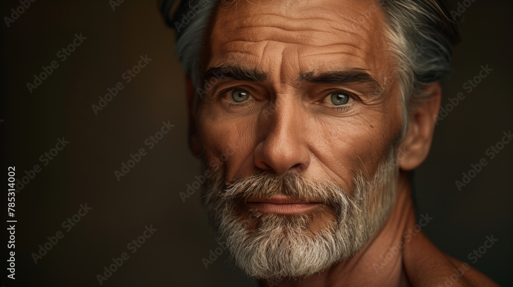 A mature man with a beard is sitting in a dark background. He has a serious expression on his face. a handsome male model. mature old man whit wrinkles whit gray beard looking in the camera A mature man with a beard is sitting in a dark background. He has a serious expression on his face. a handsome male model. mature old man whit wrinkles whit gray beard looking in the camera