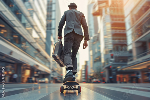 Executive business man with document bag riding skateboard in financial modern downtown district. Rush hour getting to work office