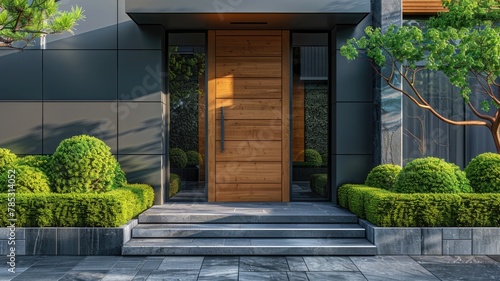 Aesthetic harmony detailed examination of wooden door with frame and glass facade granite step threshold near asphalt sidewalk close up green bushes 