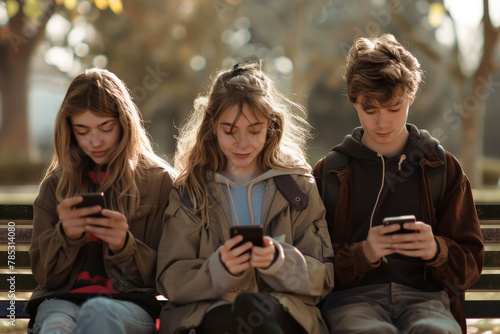 Three teenagers sit on bench park looking mobile phones absorbed. Dependence technology, hooked on phones, smartphone addiction, addicted screens, digital devices, excessive internet phone use