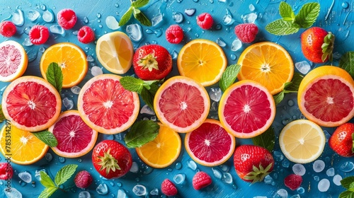  strawberries, raspberries, lemons, and oranges Water droplets and mint leaves accompany them