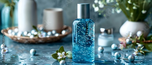 Soothing Blue Serum on Textured Surface with Blossoms & Bubbles. Concept Beauty Products, Skincare Routine, Still Life Photography, Floral Arrangements, Bubbles Art photo