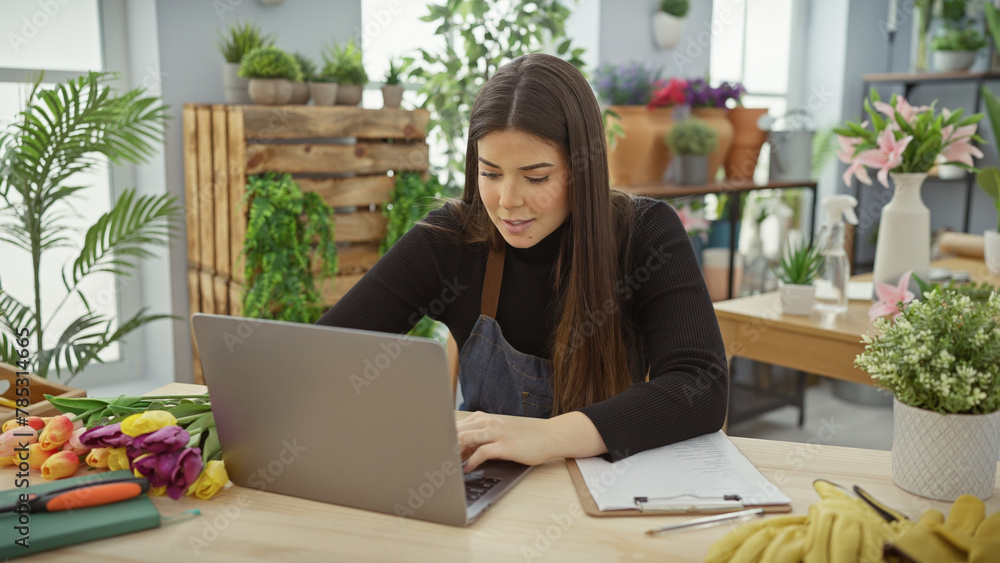 A young hispanic woman works on a laptop in a flower shop filled with colorful tulips and green plants. A young hispanic woman works on a laptop in a flower shop filled with colorful tulips and green plants.