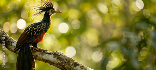 A hoatzin bird perched awkwardly on a limb, captured with a telephoto lens to detail its prehistoric-looking feathers and crest, set against a lush Amazonian background with copy space photo