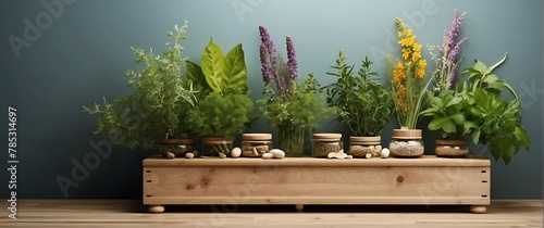 Herbs and spices on a wooden shelf 