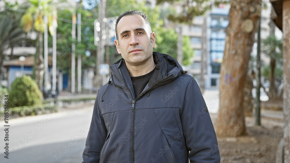 Hispanic man in a jacket posing confidently outdoors amidst urban greenery and street scenery. Hispanic man in a jacket posing confidently outdoors amidst urban greenery and street scenery.