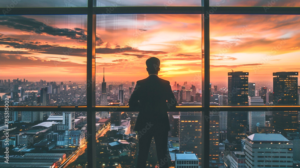 A businessman looking at a cityscape from a glass window A businessman looking at a cityscape from a glass window