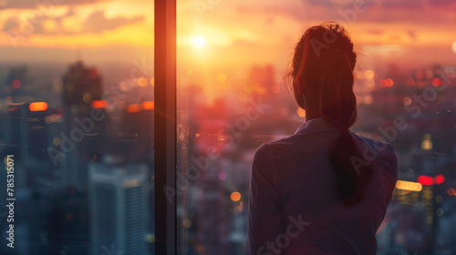 A businesswoman looking at a cityscape from a glass window photo