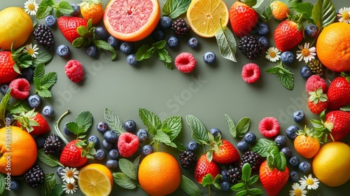  A collection of fruits forming the shape of letter O, including leaves, berries , lemons