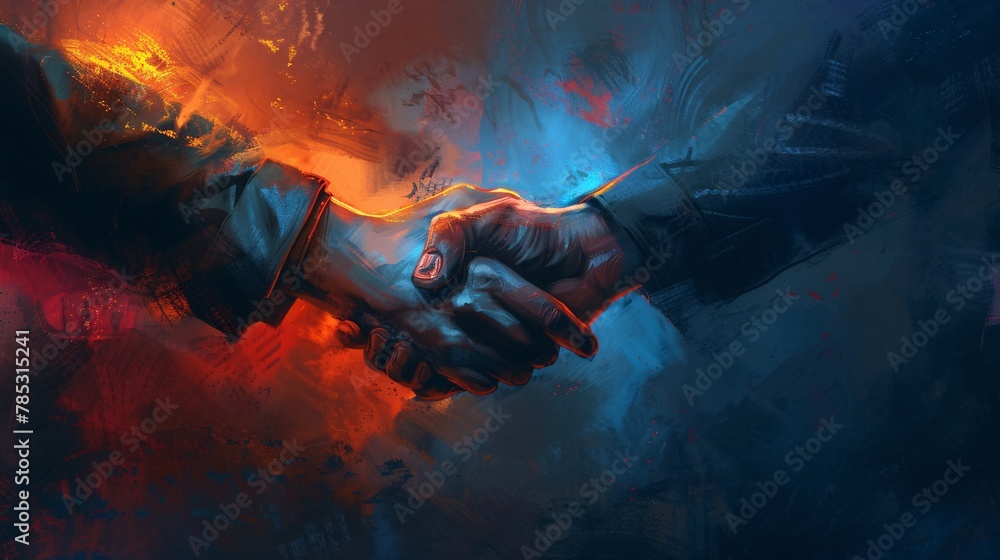 Human handshake with colorful paint splashes on abstract background. Human handshake with colorful paint splashes on abstract background.