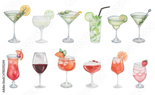 Watercolor set of illustrations. Hand painted cocktails, fruits. Martini, margarita, mojito, gimlet. Sex on the beach, wine, aperol spritz, clover club, rum-runner. Alcohol drink, beverage, aperitif