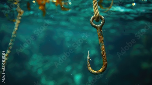 Detailed Close-Up of Fishing Fish Hook Underwater, Copy Space Image for Text or Design 