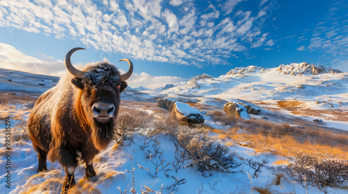 A muskox in the tundra, captured with a wide-angle lens to emphasize its sturdy build and the vast, snowy landscape, set against a cold, desolate background with copy space photo