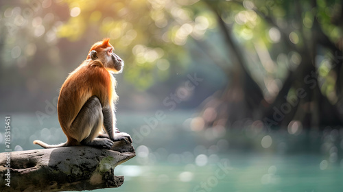 A proboscis monkey sitting on a branch, shot using natural light to highlight its unique facial features and reddish-brown fur, set against a river backdrop with copy space photo