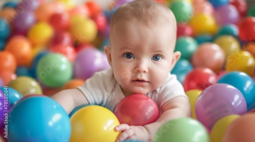 Cute little baby girl playing in colorful balls. Happy childhood.