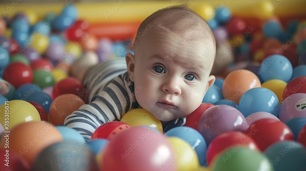 Cute little baby girl playing in colorful balls. Happy childhood. Cute little baby girl playing in colorful balls. Happy childhood.