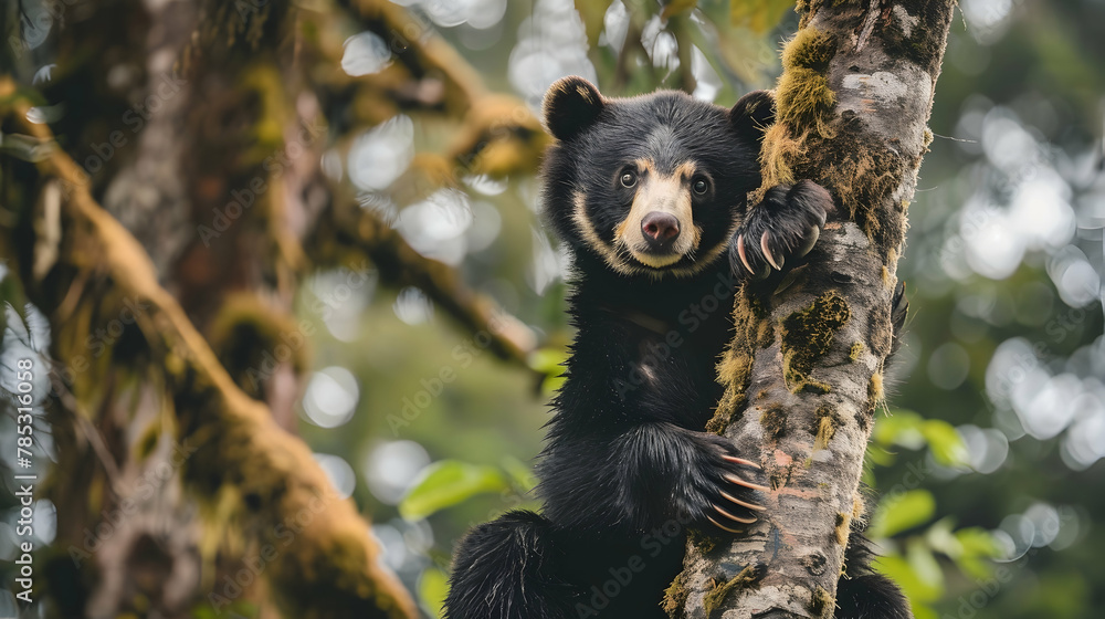 Obraz premium A spectacled bear climbing a tree, shot from a low angle to highlight its climbing abilities and distinctive facial markings, set against a dense Andean forest background with copy space