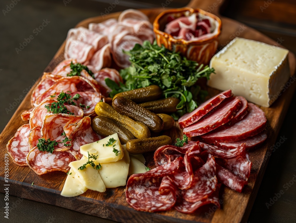 A wooden platter with a variety of meats and cheeses, including salami, cheese, and pickles