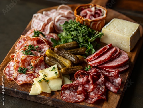 A wooden platter with a variety of meats and cheeses, including salami, cheese, and pickles