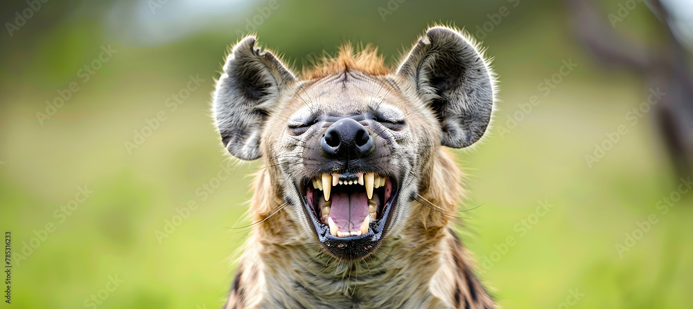 Obraz premium A spotted hyena laughing, photographed with a high-contrast setting to capture its expressive face and rugged environment, set against a savannah backdrop with copy space
