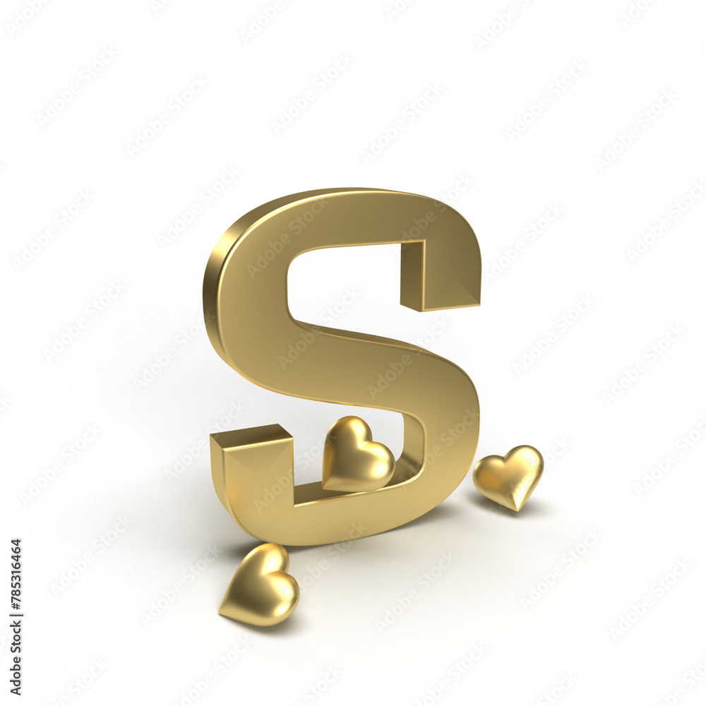 Gold letter S of the alphabet with hearts around it. Idea for Valentine's Day or wedding anniversary. 3d rendering Gold letter S of the alphabet with hearts around it. Idea for Valentine's Day or wedding anniversary. 3d rendering