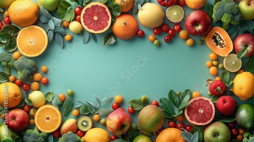  Circle arrangement of fruits and veggies on a blue backdrop with text space in the center