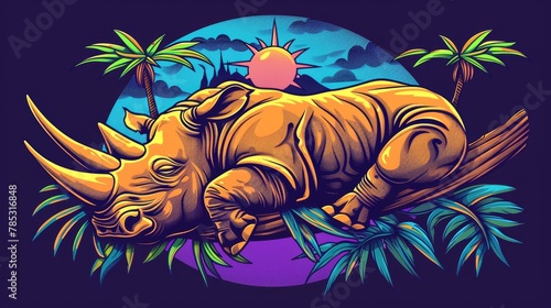   A rhino reclines beneath a solitary palm tree  moonlit night backdrop of fully grown palm trees
