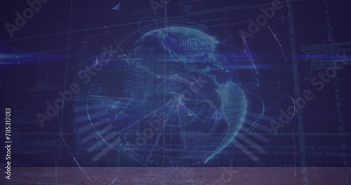 Image of globe, shapes and connections in navy digital space