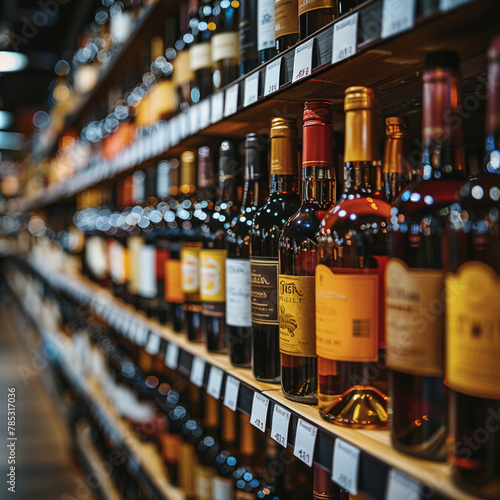 
Blurred image of wine shelves on display at store Defocused rows of Wine 