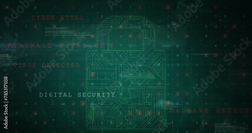 Image of cyber attack warning text, padlock and data processing over circuit board