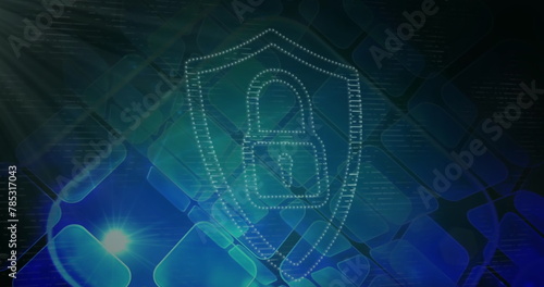 Image of digital shield with padlock over squares and light