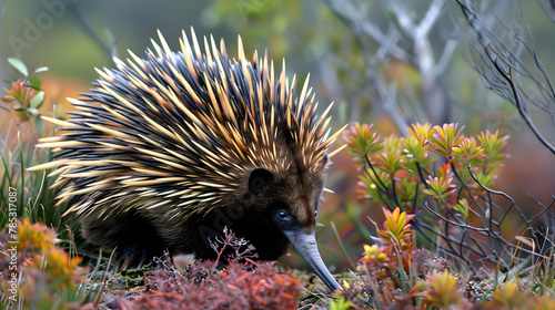 An echidna foraging in the underbrush, photographed with a macro lens to showcase its spines and snout, set against a natural bush background with copy space