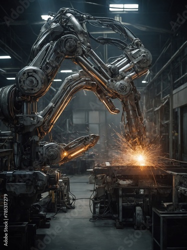 Large, intricate robotic arm engaged in welding, emitting bright spark that illuminates surrounding area. Mechanical structure, with its complex assembly of joints, segments.