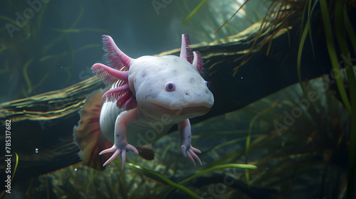 Axolotl: An axolotl swimming, photographed with underwater clarity to capture its gills and playful expression, set against a clean aquatic background with copy space