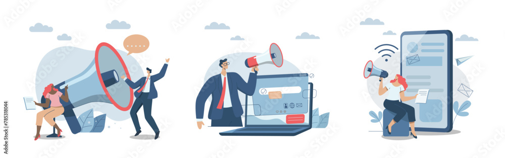 Set of promote communication with customers, Sending important messages, Marketing activities with social media campaigns, Business marketing materials, Advertising team announces with megaphone. Set of promote communication with customers, Sending important messages, Marketing activities with social media campaigns, Business marketing materials, Advertising team announces with megaphone.