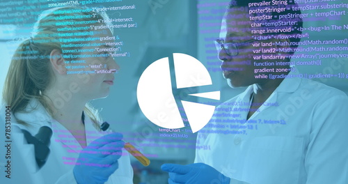 Image of data processing over diverse scientists in lab