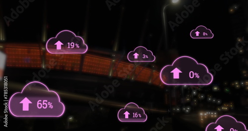Image of cloud icons with numbers and data processing over stadium