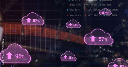 Image of cloud icons with numbers and data processing over stadium