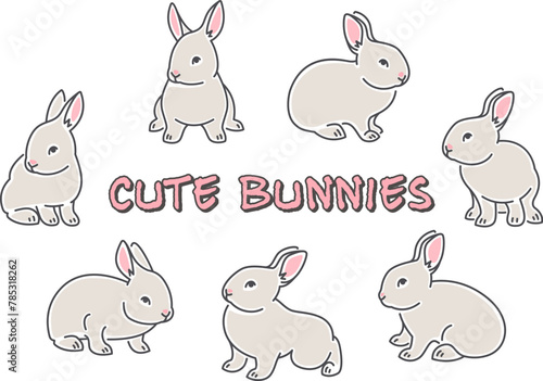 Cute playful little bunnies. Hand drawn cartoon baby rabbits in different poses isolated on white. Linear style with color blobs