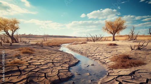 Drought. Desert landscape with cracked soil and drying up stream. Global ecology concept.
