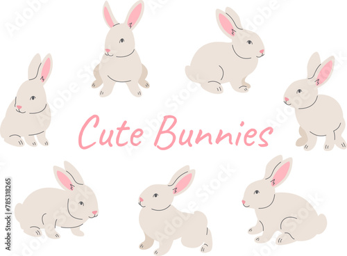 Cute playful little bunnies. Hand drawn cartoon baby rabbits in different poses isolated on white. Linear style with color fill