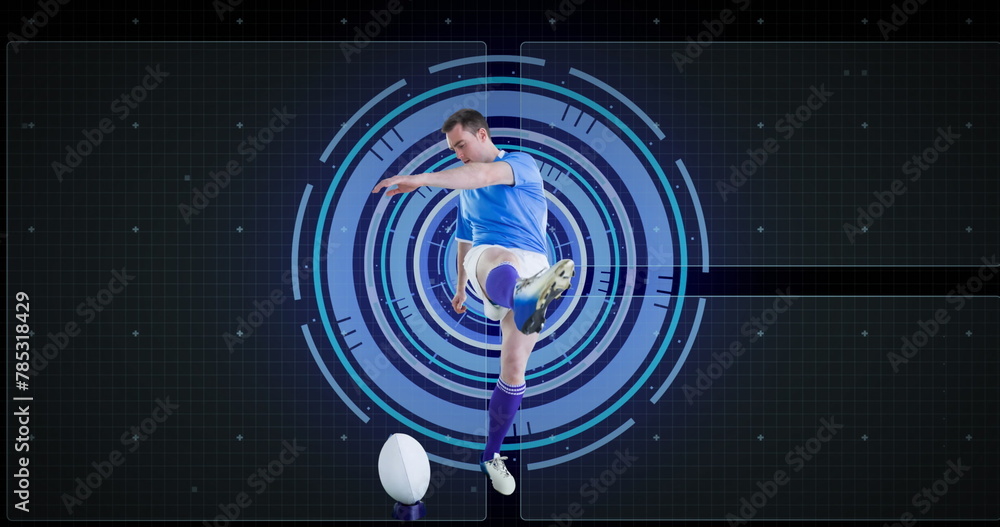 Fototapeta premium Image of scope scanning and data processing over caucasian rugby player