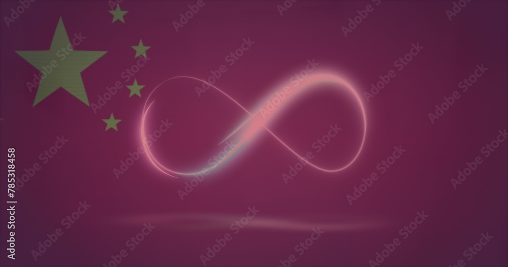 Naklejka premium Image of neon infinity shape over multiple screens with data processing against china flag
